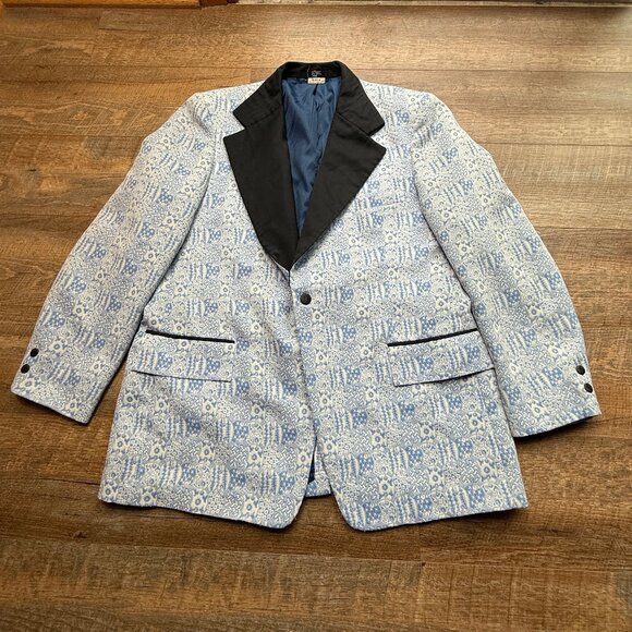 After Six White/Blue Sz 46R  Brocade Tuxedo Prom Formal Jacket Vintage - Picture 1 of 10